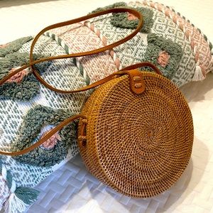 Handwoven Round Rattan Bag Shoulder Leather Straps Natural Chic Hand